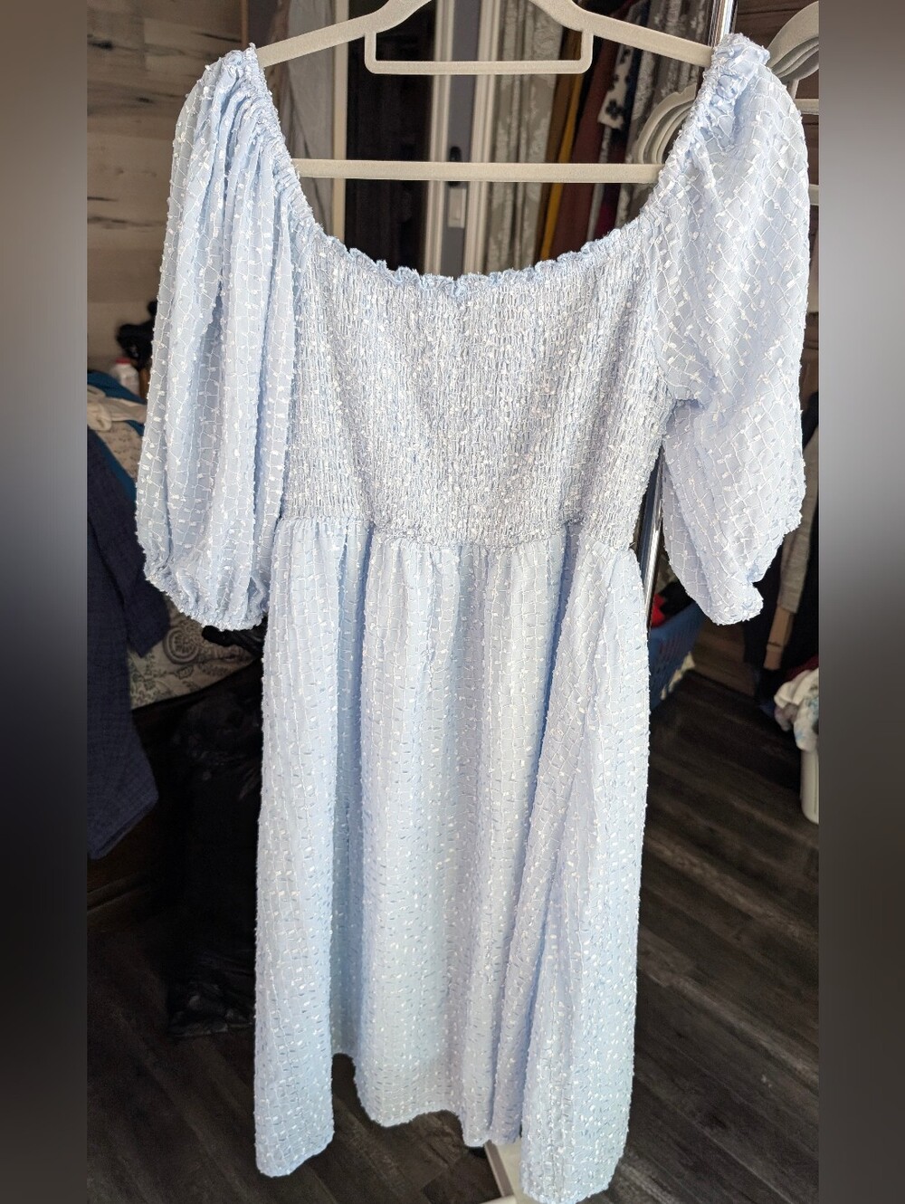 Light Blue Smocked Puff-Sleeve Dress